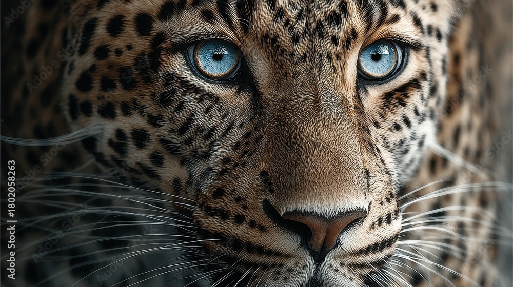 Naklejka premium Close up of an Amur leopard with strikingly blue eyes peering intently into the distance, capturing its majestic beauty and intense gaze