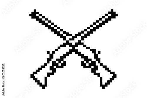 Black pixel art shows two crossed rifles, suggesting a symbol on a transparent background
