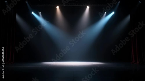 Empty Theater Stage With Dramatic Spotlights And Red Curtains Ready For Performance