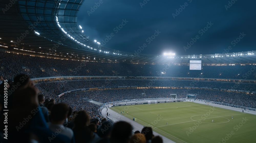 Fototapeta premium A panoramic aerial shot of a brightly lit modern stadium at night, filled with cheering fans and vibrant team colors — an awe-inspiring visual symbolizing energy, excitement, and the grandeur of