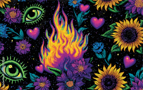 燃え盛る炎と神秘的な目、そして鮮やかな花々が織りなすサイケデリックなベクターアートの世界