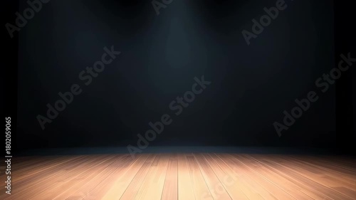 Empty Theater Stage with Spotlights and Orange Vertical Lights on Wooden Floor Reflecting Dramatic Illumination