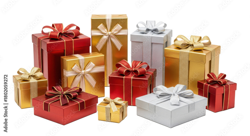 Obraz premium Festive Holiday Gift Boxes Wrapped in Red Gold and Silver Ribbon for Celebration