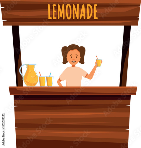 Smiling girl serving fresh lemonade at her wooden stand, pitcher and glasses on the counter