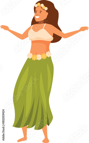 Young woman dancing hula, traditional hawaiian dance, wearing a flower garland and green skirt
