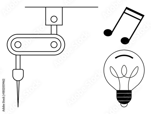 Minimalist robotic arm with needle, classic lightbulb, and music note reflecting technology, ideas, and artistic inspiration. Ideal for creativity, innovation, technology, design invention art