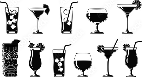 Cocktail drink glass silhouette vector, bar beverage icons, alcohol party illustration, mixed drinks collection for restaurant menu and lounge design