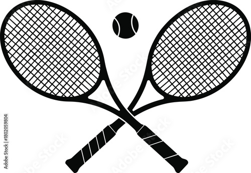 Crossed tennis rackets and ball sports icon, black silhouette tennis equipment illustration, sporty design for tournament, club, logo branding