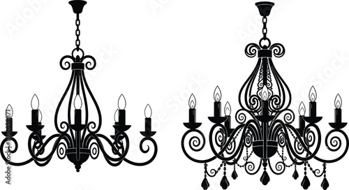 Elegant chandelier silhouette vector, luxury vintage ceiling lamp design, classic crystal lighting decor, ornate hanging light illustration for interior decoration