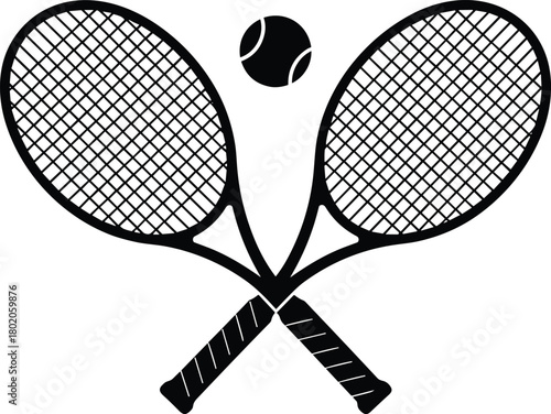 Crossed tennis rackets silhouette vector with ball, sport equipment design for tennis match, athletic training, tournament and fitness concept