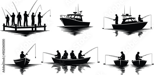 Fishing silhouette set, people fishing from boat and dock, anglers catching fish on lake, outdoor recreation, fishing hobby illustration