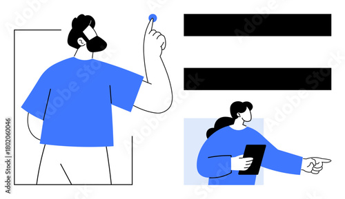 Two figures in blue engage in teamwork one gestures toward equality, the other points direction. Ideal for teamwork, leadership, decision-making, equality, planning, creativity communication. Simple