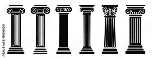 Ancient pillar black silhouette vector set isolated featuring greek and roman style