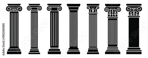 Ancient pillar black silhouette vector set isolated featuring greek and roman style