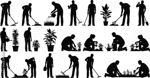 Gardening people silhouette set, men and women planting, watering and raking soil, outdoor garden work illustration, eco nature farming activity