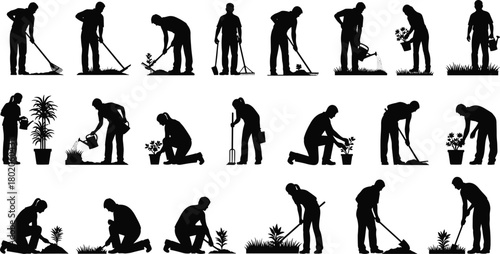Gardening people silhouette set, men and women planting and watering plants, garden work tools illustration, outdoor nature farming activity