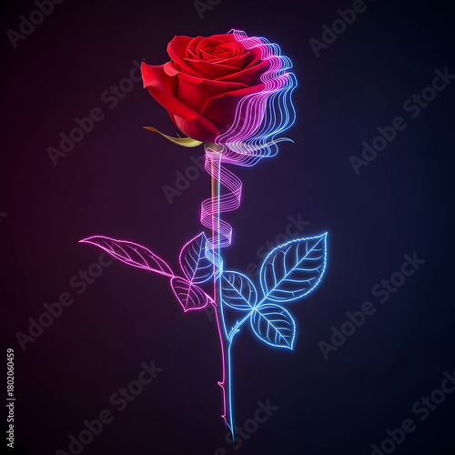 A red rose with neon light outlines on a dark background