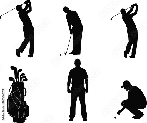 Golf player silhouette set, golfer swinging and putting, sports training poses collection, golf bag equipment illustration, outdoor leisure game