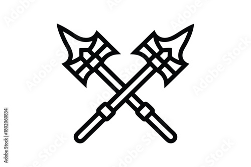 Crossed black outline war hammers form a heraldic symbol with transparent background