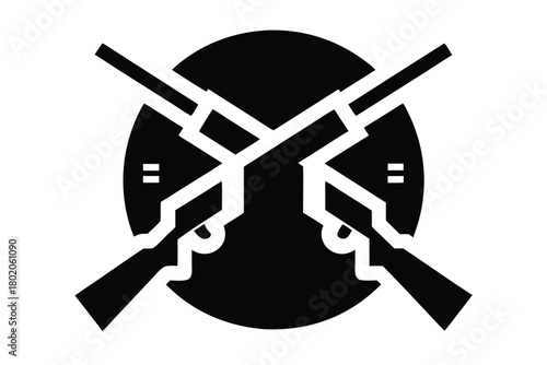 Crossed black rifles create a powerful hunting symbol inside a circular badge on white