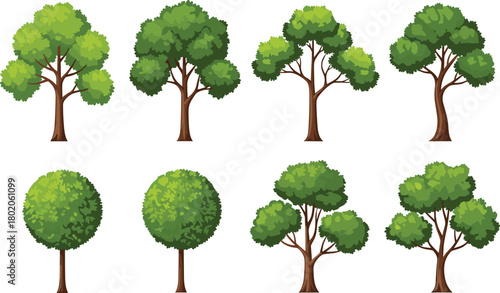 Green tree illustration set, forest nature plants collection, summer foliage landscape, eco friendly botanical greenery, outdoor park garden trees