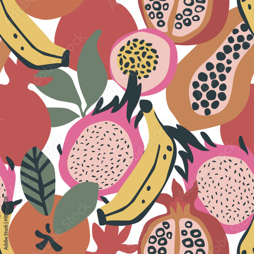 Abstract dragon fruit, papaya, orange, banana, pomegranate drawing seamless pattern. Tropical fruits background. Vector illustration for kitchen wallpaper, health care products, fabric, textile design