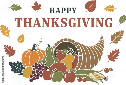 Happy Thanksgiving Cornucopia with Pumpkins, Apples & Grapes – Festive Fall Harvest Design for Greeting Cards, Banners & Decor