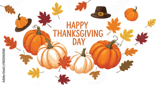 Happy Thanksgiving Day with Pumpkins, Autumn Leaves & Pilgrim Hat – Festive Fall Clipart for Cards, Social Media & Party Decor