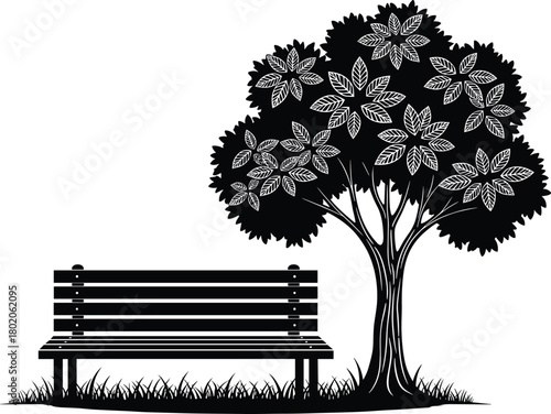 Black silhouette of an empty wooden park bench under a tree, cad drawing flat vector illustration for landscape design.