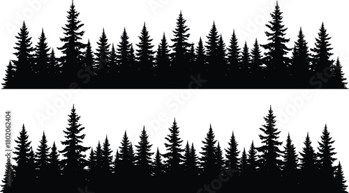 Detailed panoramic black pine tree forest silhouette border for nature landscape background, cad drawing flat vector illustration set.