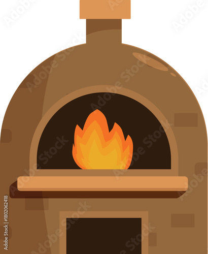Traditional outdoor clay oven burning with a bright fire, ready for baking bread or pizza