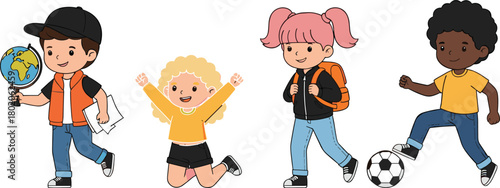 Diverse group of happy cartoon children characters playing sports and studying together, cad drawing flat vector illustration for school education.