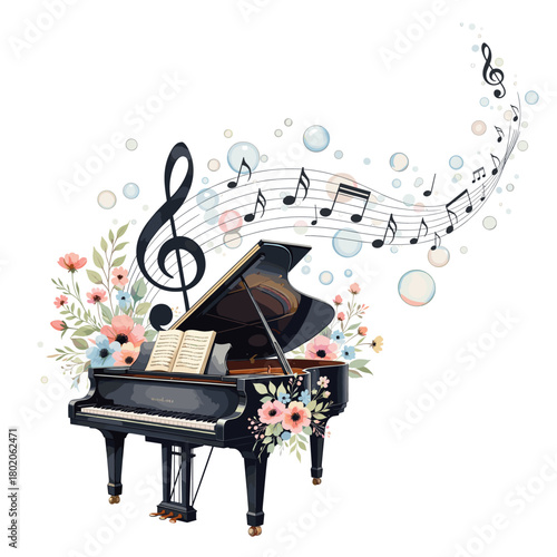 Grand Piano Flowers Music Notes Bubbles Art