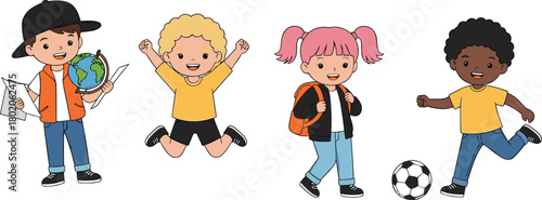 Happy diverse group of elementary school students playing and holding educational items, cad drawing flat vector illustration.