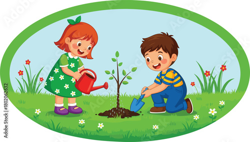 Happy little cartoon children planting a young tree sapling in the garden together outdoors, cad drawing flat vector illustration.