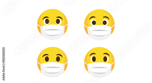 Four cartoon yellow faces wearing white face masks against white background.