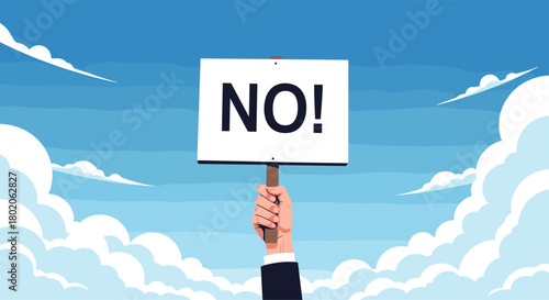 A hand holding a sign that says no against a cloudy blue sky background.