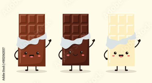 Cute cartoon chocolate bars waving happily against a pale background.