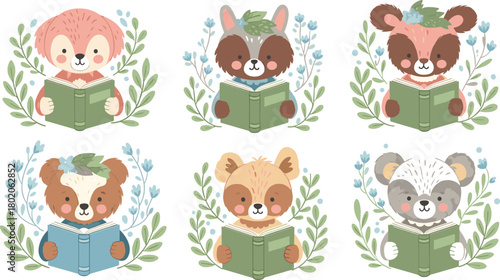 Set of cute cartoon woodland animals reading books with floral wreaths, cad drawing flat vector illustration for children education.