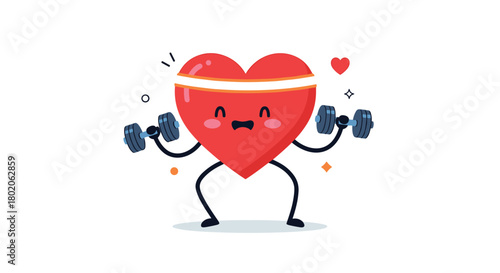 Cute cartoon heart character exercising with dumbbells and wearing a headband.