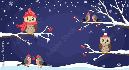 Cute cartoon owls and birds in winter on snowy branches with red berries and falling snowflakes.