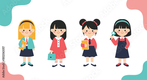 Four diverse cartoon girls in school uniforms with books and bags.