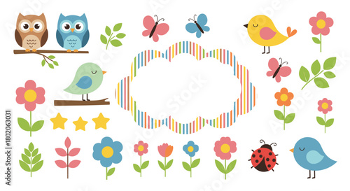 Cute collection of spring-themed cartoon illustrations with birds, owls, butterflies, flowers, and ladybugs.