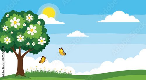 A bright and cheerful spring scene with a blooming tree, butterflies, and fluffy clouds in a blue sky.