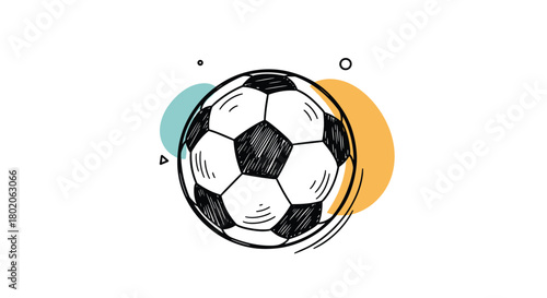 Hand-drawn soccer ball with colorful abstract shapes and doodles on a white background.