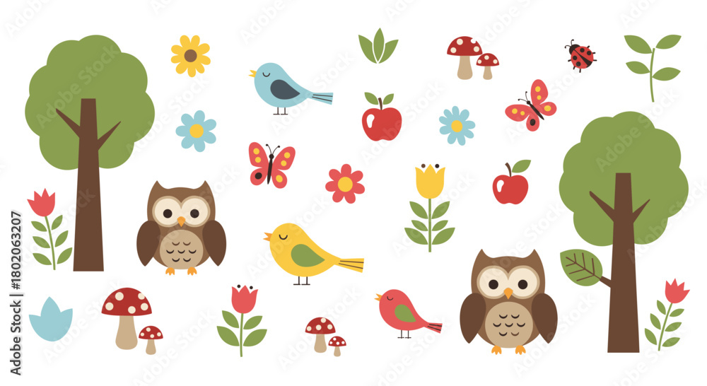 Naklejka premium Cute cartoon forest animals and nature elements with trees, owls, birds, butterflies, mushrooms, and flowers.
