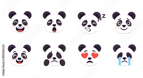 Collection of eight adorable panda emojis with various expressive facial features and emotions.