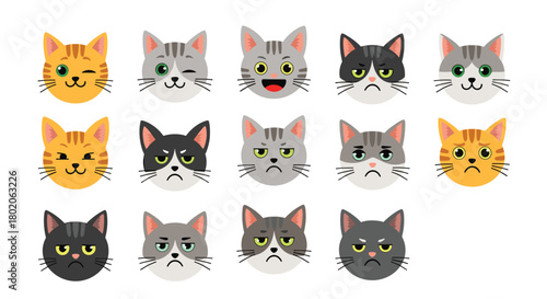 Collection of cartoon cat faces showing various emotions and expressions.