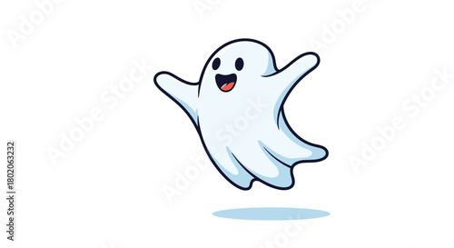 Cute cartoon ghost character jumping with excitement and arms wide open.