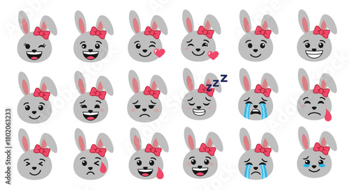 Collection of cartoon bunny emojis showing various emotions and expressions on a white background.
